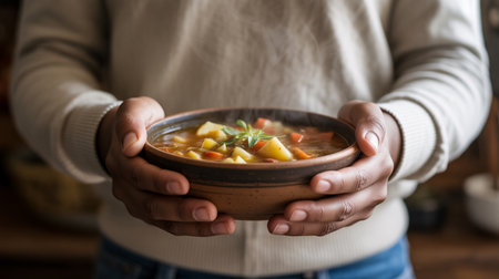 Man holding a bowl of homemade soup in her hands, close upの素材