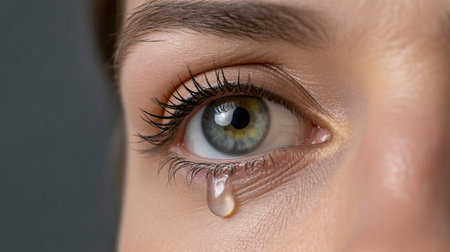 Close-up of a woman's eye with tears in it.の素材