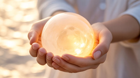 Woman hands holding a crystal ball on the background of the sea.の素材