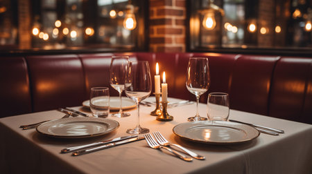 Table set for fine dining in a restaurant. Table setting for dinnerの素材