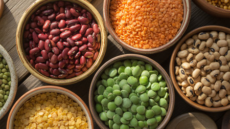 Assortment of different legumes in bowls on wooden table, top viewの素材