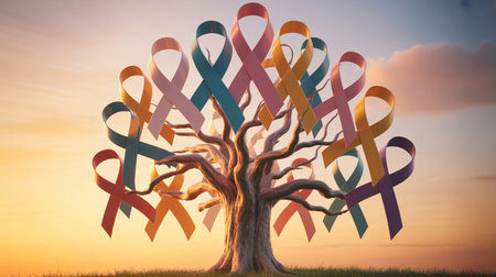 World Cancer Day concept with tree and ribbon.の素材