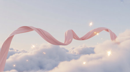 Pink silk ribbon flying in the blue sky. 3d render illustrationの素材