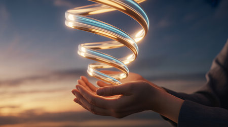 Close up of businesswoman hands holding spiral light bulb. Mixed mediaの素材