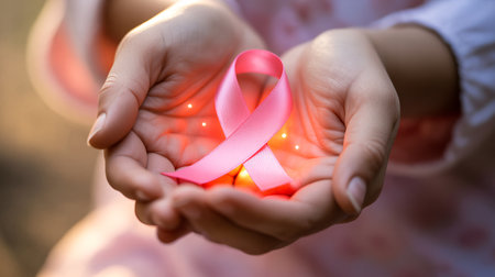 healthcare and medicine concept - close up of woman hands holding pink breast cancer awareness ribbonの素材