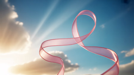 Pink ribbon on blue sky background. Breast cancer awareness concept.の素材