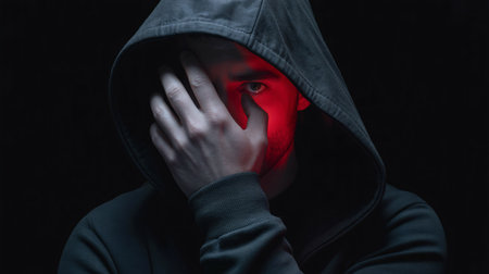 Man in a hood with red glow on his face. Dark background.の素材