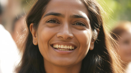 Close up portrait of a beautiful young Indian woman smiling at the cameraの素材