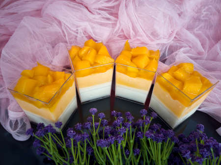 Sweet and delicious mango panna cotta, literally means cooked cream, a famous dessert in Italy. Selective focus points. Blurred backgroundの写真素材