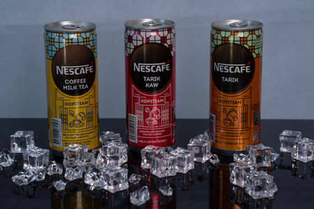 Kuala Lumpur, Malaysia: June 4, 2021 - New variants of can soft drinks from the brand Nescafe. Selective focus points. Blurred backgroundのeditorial素材