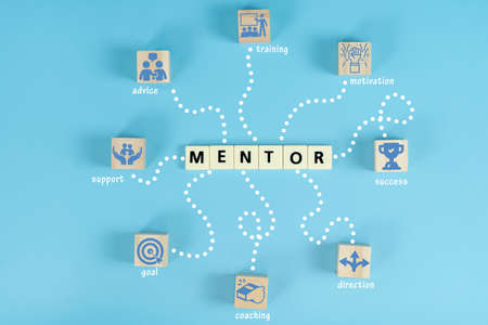 Mentoring concept. Diagram with keywords and icons on blue backgroundの写真素材
