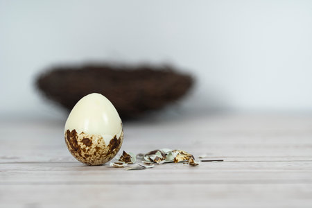 Peeled hard boiled quail egg with broken shell. Selective focus points. Blurred backgroundの写真素材