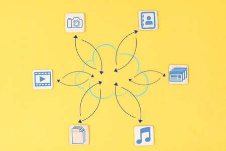 Diagram of types of data that can be saved in the cloud storage for storing and sharing.の写真素材