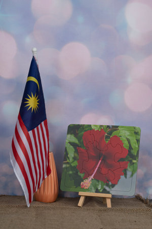The Malaysian flag with a jigsaw puzzle of the hibiscus, Malaysia's national flowerの写真素材