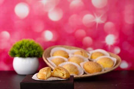 Japanese Cream Puff cut opened with blurred background. Selective focus points