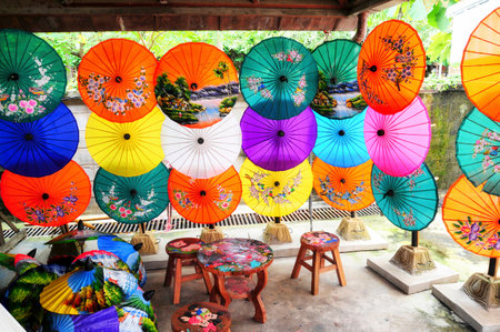 Beautiful and colourful paper umbrella on display in Chiang Mai, Thailandのeditorial素材