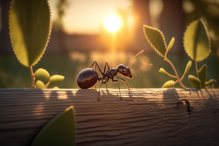 AI generated image of single ant on a tree branch in the morning.の素材