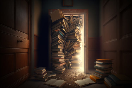 AI generated image of concept art showing books overflowing out from the doorの素材