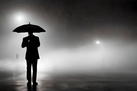 AI generated image of a silhouette of a man holding an umbrella in the rain at night.の素材