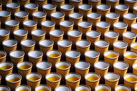 AI generated image of paper cups arranged in rows with some of it are filled with orange juiceの素材