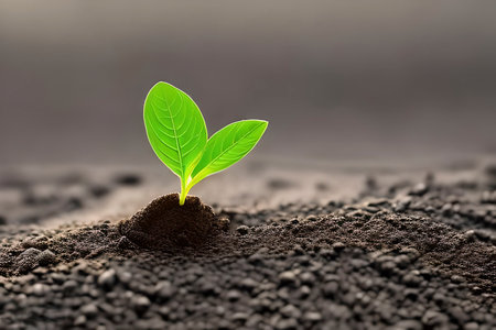 AI generated image of a young shoot of a plant coming out from the groundの素材
