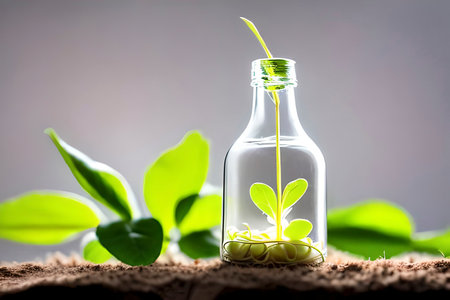 AI generated image of a young shoot of a plant coming out from a glass bottleの素材