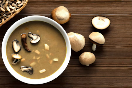 AI generated image of a bowl of mushroom soup, a flavorful soup made with mushrooms as the primary ingredientの素材