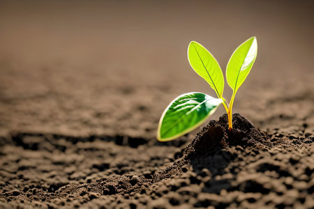 AI generated image of a young shoot of a plant coming out from the groundの素材