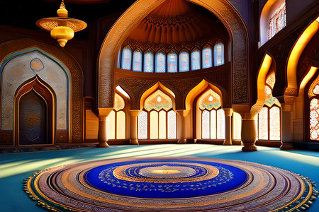 AI generated image of the inside of a mosque welcoming the month of Ramadan for Muslims around the worldの素材