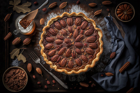 AI generated image of the pecan pie. Pecan pie is a traditional dessert that originated in the Southern United Statesの素材