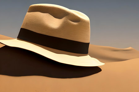 AI generated image of a Panama hat abandoned on desert sandsの素材
