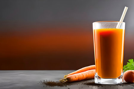AI generated image of a glass of carrot juice. Carrot juice is a popular way to supplement diet with nutrientsの素材