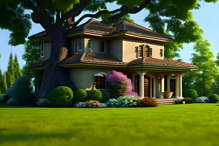 AI generated image of a classic house that is built around a tree for preservation.の素材