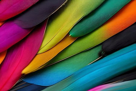 AI generated image of a colourful stack of feathers. Coloured feathers often used as wardrobe accessory and decorationの素材