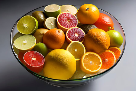 AI generated image of a variety of citrus fruits. Citrus fruits are a type of fruit that belong to the Rutaceae familyの素材