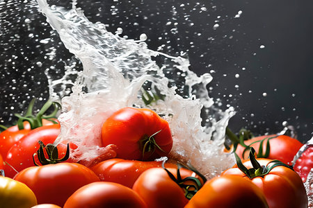 AI generated image of a bunch of freshly picked tomatoes being washed. Tomatoes can be used in a variety of dishes.の素材