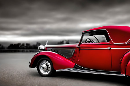 AI generated image of red classic car on black and white background, film noir style.の素材
