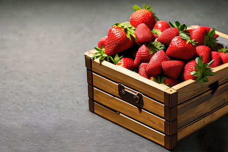 AI generated image of a crate of freshly picked strawberries. Strawberry is a sweet and juicy fruit that belongs to the Rosaceae familyの素材