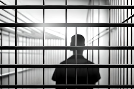 AI generated image of unidentifiable man behind bars due to crime committed.の素材
