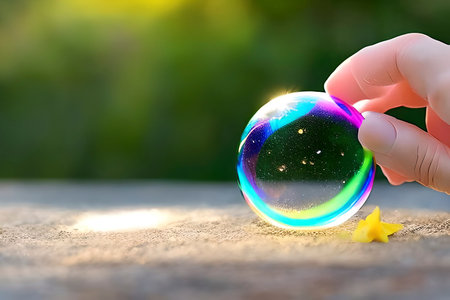 AI generated image of a hand touching a bubble. Bubbles is made by mixing water and soap then blowing through a hoopの素材