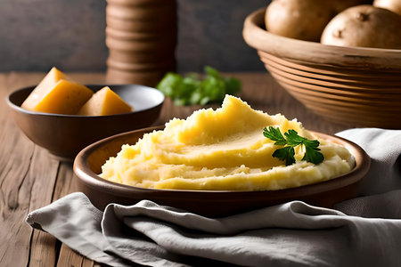 AI generated image of a bowl of mashed potato, a popular side dish made by boiling potatoes and mashed with milk, butter, and seasoningsの素材