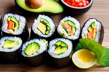 AI generated image of sushi rolls with avocado. Avocado is a delicious fruit that can be enjoyed in many different waysの素材