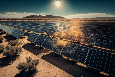 AI generated image of solar panel farm normally found in a desert. Solar power is an important source of sustainable energyの素材