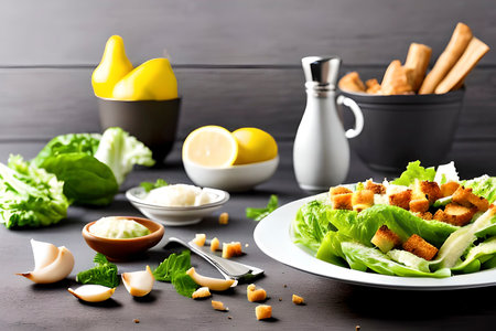 AI generated image of the Caesar salad, with romaine lettuce, croutons, lemon juice, olive oil, egg, Worcestershire sauce, anchovies, garlic, Dijon mustard, Parmesan cheese, and black pepperの素材