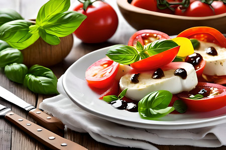 AI generated image of the Caprese salad, an Italian salad, made of sliced fresh mozzarella, tomatoes, sweet basil, seasoned with salt and olive oilの素材