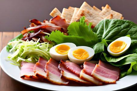 AI generated image of the Chef salad, an American salad consisting of hard-boiled eggs, varieties of meat, tomatoes, cucumbers and cheese, lettuceの素材