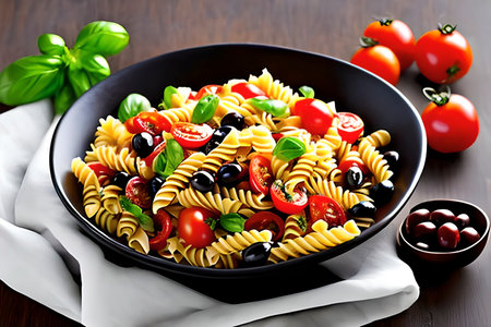 AI generated image of the Pasta salad - made with spiral pasta, Italian-style dressing, cherry tomatoes, bell peppers, black olivesの素材