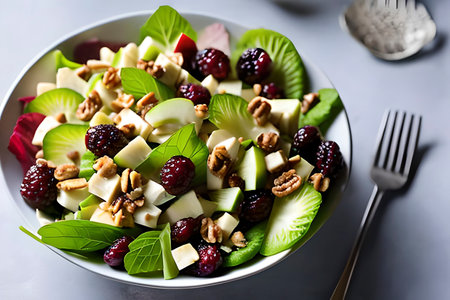 AI generated image of the Spinach salad, a fruit and nut salad made of celery, apples, walnuts, grapes, mayonnaise and lettuceの素材