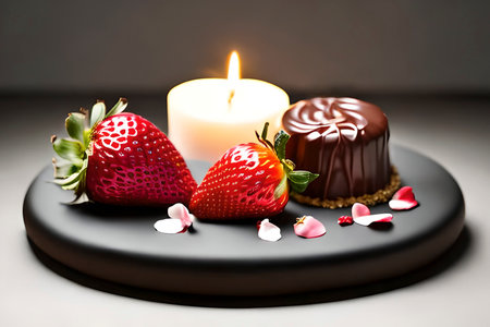 AI generated image of a romantic scene of a couple of strawberries, candle and chocolate with rose petalsの素材