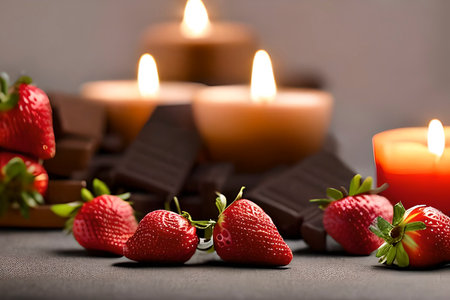 AI generated image of a romantic scene of strawberries with chocolate and candlelightの素材
